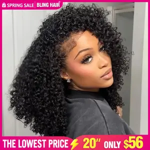 Bling Hair Glueless Half Wig Human Hair Kinky Curly 250% Density Human Hair Glueless Wigs Seamless Clip Ins Flip Over Ready Go Wig Invisible Hairline Beginner Friendly