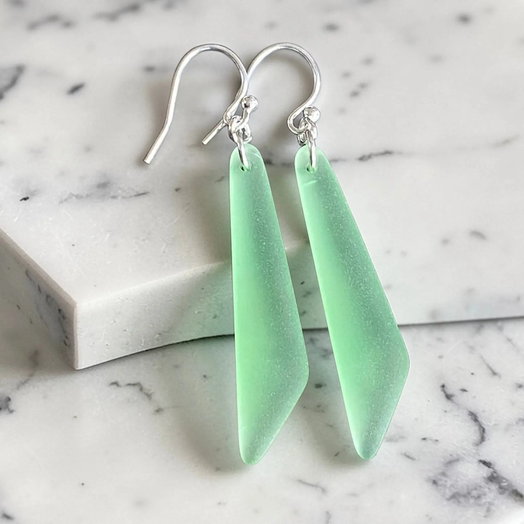 Green Sea Glass Elongated Earrings in Sterling Silver, Pacific Blue Fancy Puffed Beach Wedding Earrings