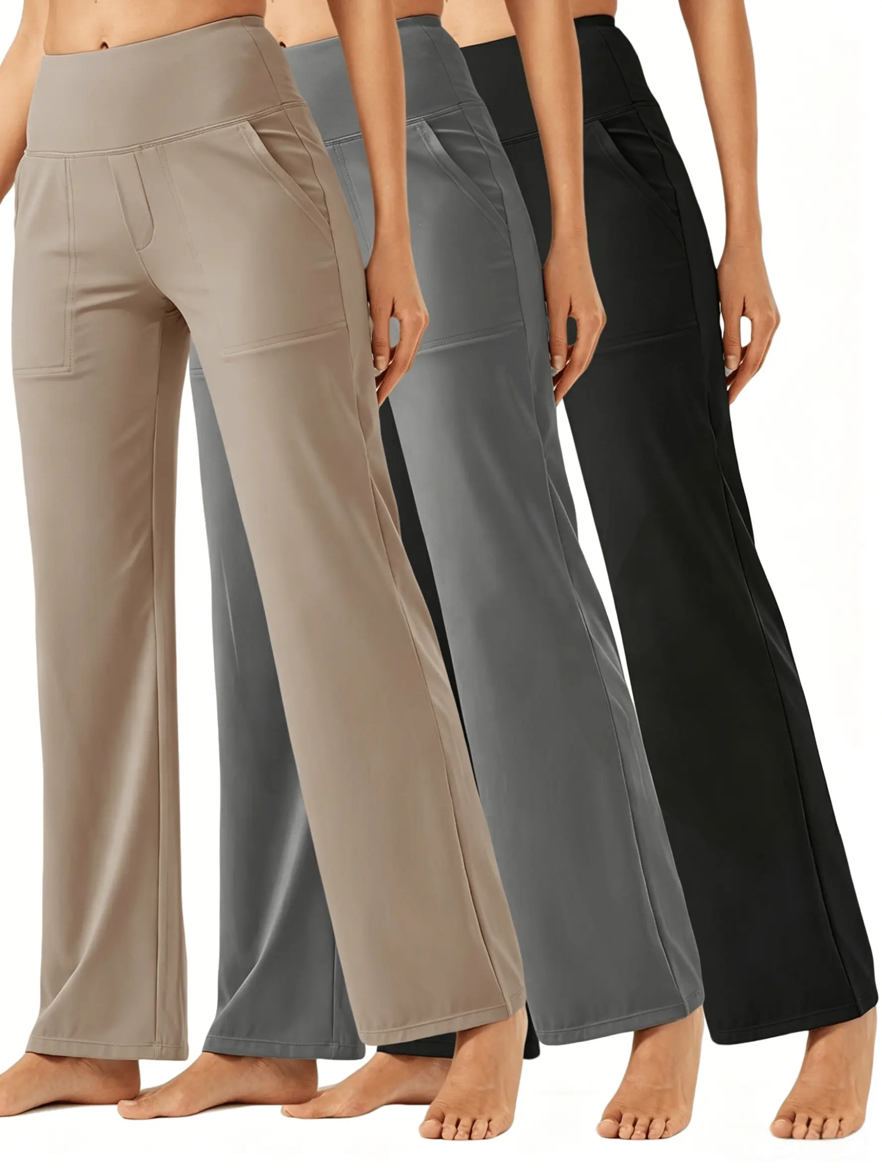 Women's 3-Pack Basic High-Waist Leg Pants - Stretchy Knit Fabric, Casual Comfy Elegant Trousers with Pockets for Work & Spring/Fall Lounging