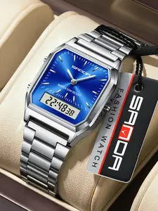 Men's Business Fashion Square Analog-digital Quartz Watch, Stainless Steel Square Dial Wristwatch, Fashion Waterproof Watch with Luminous & Alarm Function, Trendy Multifunctional Watch for Daily Life