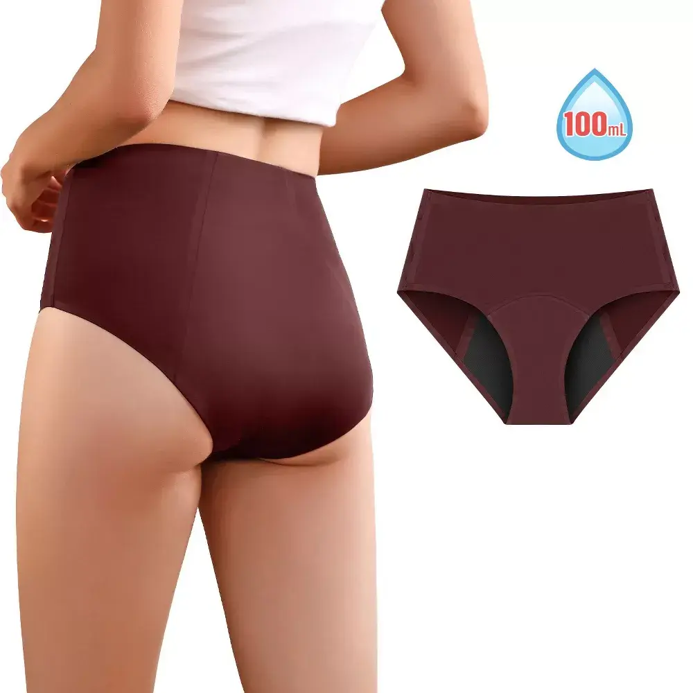 VOXSHE Women's High Waisted Incontinence Briefs - Plain, 100ml High Absorbency, Leakproof Seamless Washable Everyday Panties, Breathable Soft Reusable Fabric, for Day & Light Bladder Needs, Wine Red, High Waisted Briefs