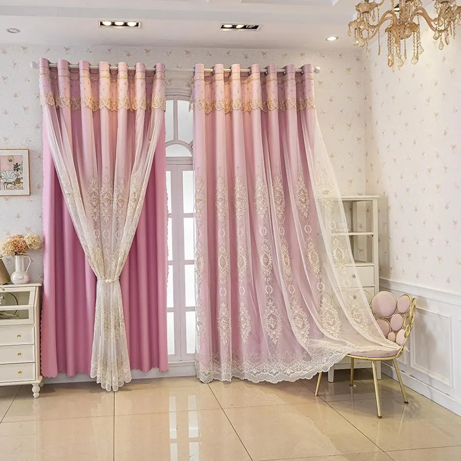 2pc light luxury pink floral gauze integrated double-layer blackout  Pink curtains, sun protection and UV blocking for living room, bedroom, dining room, kitchen, European romantic floating curtains, home decoration
