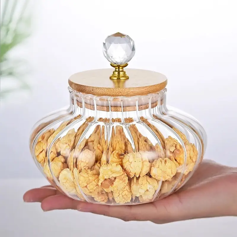 Apple Shaped Ribbed Glass Storage Jar with Bamboo Lid, Decorative Candy Cookie Coffee Canister