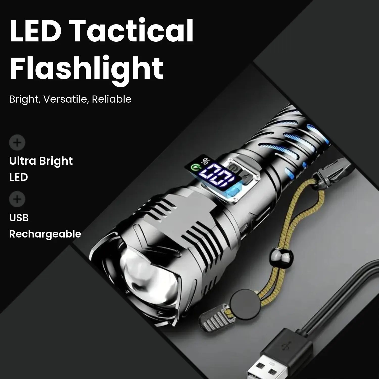 Ultra Bright Rechargeable LED Tactical Flashlight - Zoomable, with LCD Battery Display, USB Phone Charging, 5 Modes, Waterproof for Camping, Emergency Use