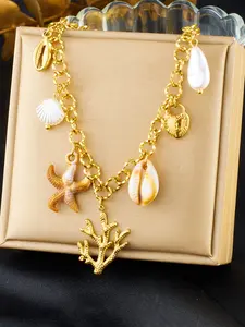 1Pcs Stainless Steel Ocean Starfish Shell Coral Pendant Necklace Trendy Handmade Chain Waterproof Boho Style Jewelry for Women