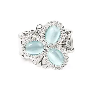 Stretchy Blue Cat's Eye Ring with Floral Centerpiece