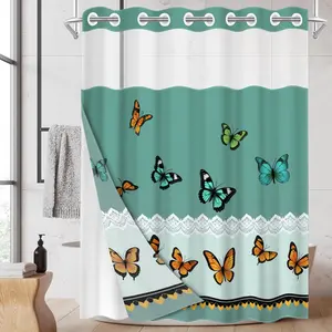 1pc hookless shower curtain with buckle lining, spring butterfly lace design, 2D flat printing, fabric waterproof lining, see-through double-layer shower curtain, 71 x 74 inches, modern home curtain, Bathroom Accessory