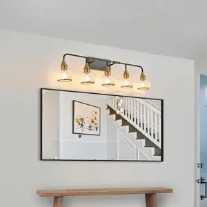 40" Modern 5-Light Vanity Wall Sconce - Black and Gold Bathroom Light Fixture with Clear Glass Shades, Industrial Wall Mounted Lamp for Mior, Vanity, and Living Spaces (Bulb Not Included)