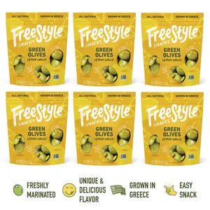 Freestyle Snacks - Pitted Olive Snacks - 6 bags - Lemon Garlic - Tangy flavor - All Natural - Made in Greece - Easy Snack