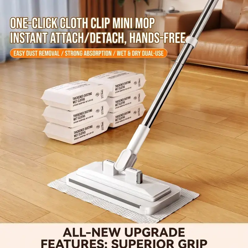 Telescopic Disposable Dust Mop, Touch-Free Auto Clamp Design, Dry Wet Dual Purpose, Compatible with Non-Woven Wipes, No Need To Wash Mop Head, Lazy Floor Cleaner for Hardwood, Tile Flooring & Baseboards