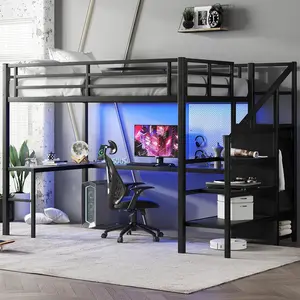 Attic bed with L-shaped desk and USB interface, metal loft bed with wardrobe and adjustable shelf, high loft bed with LED lights for adults