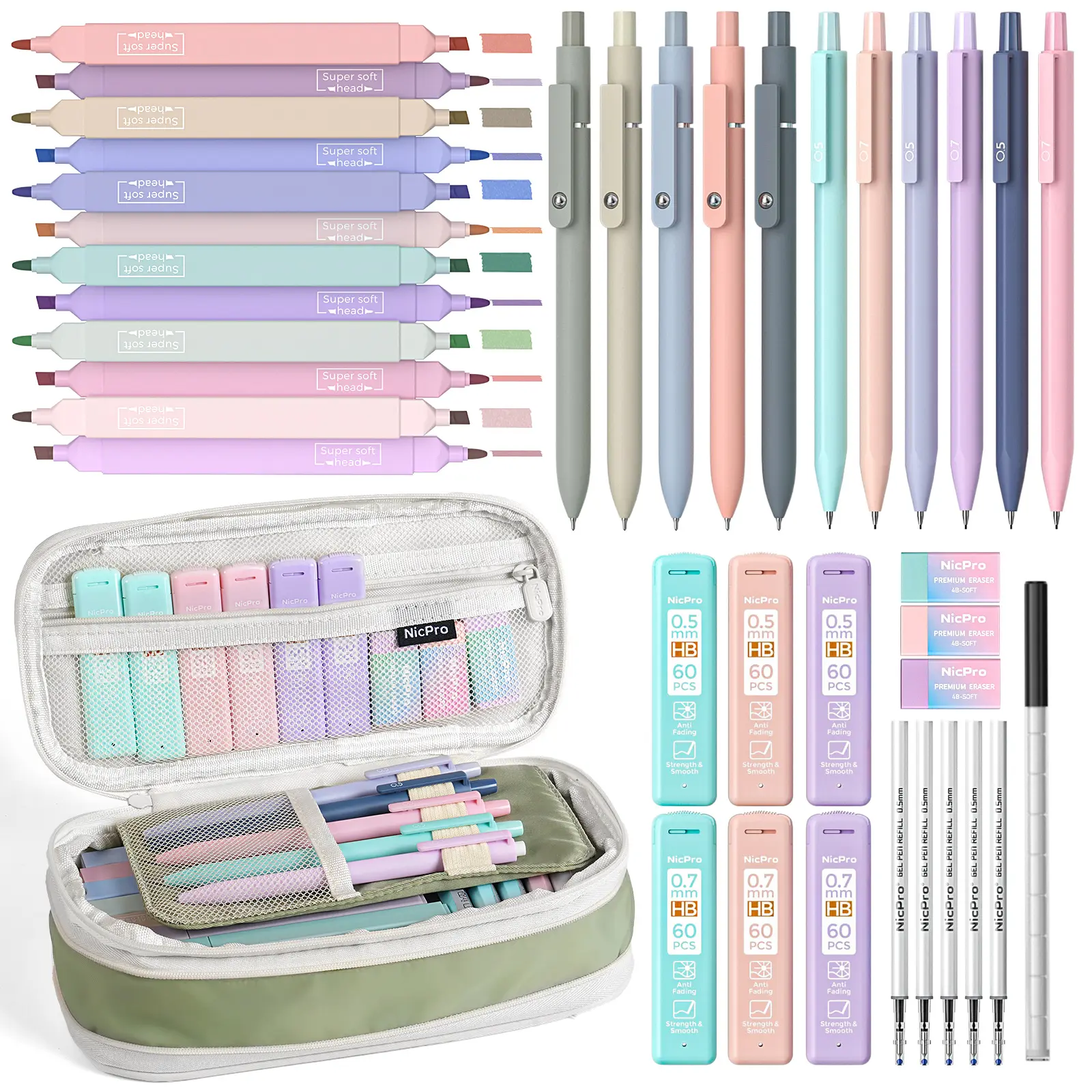 Nicpro Stationary Set, Cute Office & School Supplies with Big Capacity Pencil Pouch, 6 Pastel 0.5-0.7mm Smooth-Writing Mechanical Pencils & Markers for Students