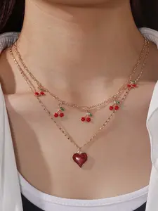 Women's Casual Fashion Statement Top, Cherry Layered Collar Heart Accessory Design, Perfect for All Seasons & Occasions, Dainty Choker Necklace