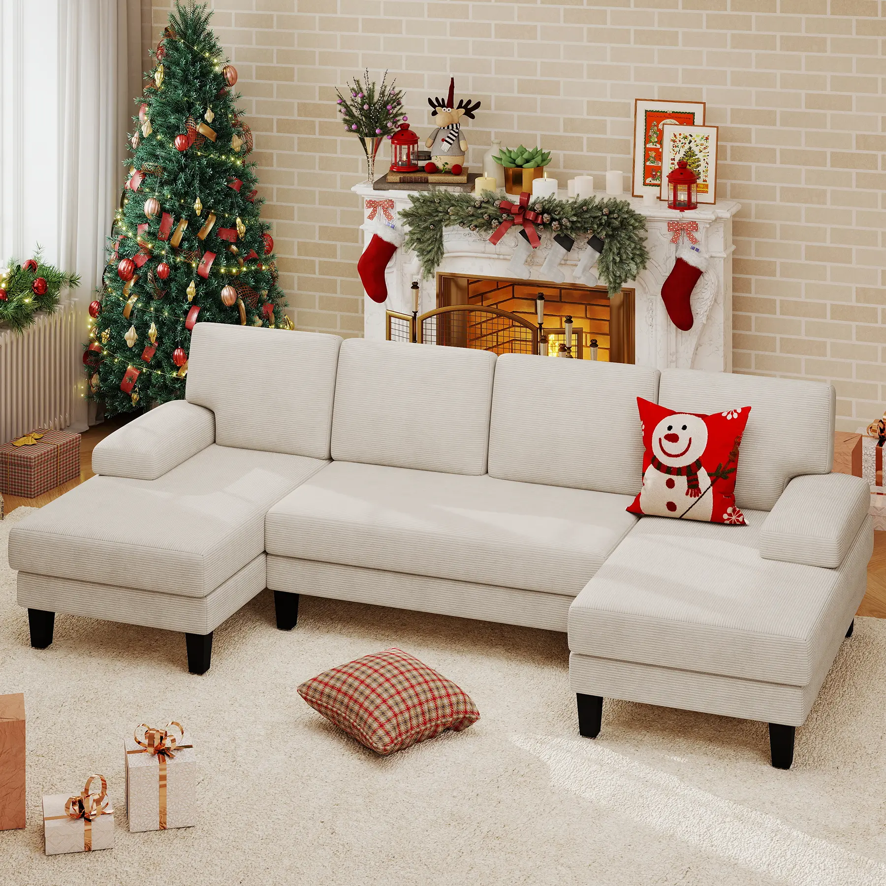 【Shipping in two packages】U-Shaped Sectional Sofa Couch for Living Room, Modern Modular Sofa with Double Chaise, Classic Lounge Couch Sleeper for Apartment, Beige Khaki