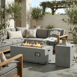 42" Propane Gas Fire Pit Table 2-Pieces, 50000 BTU Rectangular Steel Fire Pit with Glass Wind Guard for Outside Patio Deck Garden Courtyard -Gray