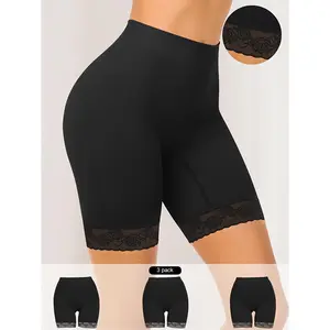 3-Pack Women's High Waist Lace Shorts - Seamless, Smooth, Anti-Chafing Biker Yoga Shorts, Suitable for Dresses, Beige/Black/White, Comfortable and Stylish Lace Trim Design, Biker Shorts | Lace Trim Shorts | Elastic Nylon Blend