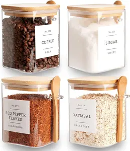 Set of 4 Square Glass Jar with  Lids and Spoons  Airtight 27 oz Borosilicate Glass  Storage Contaienrs with 132 Kitchen Pantry Labels for Coffee, , Sugar