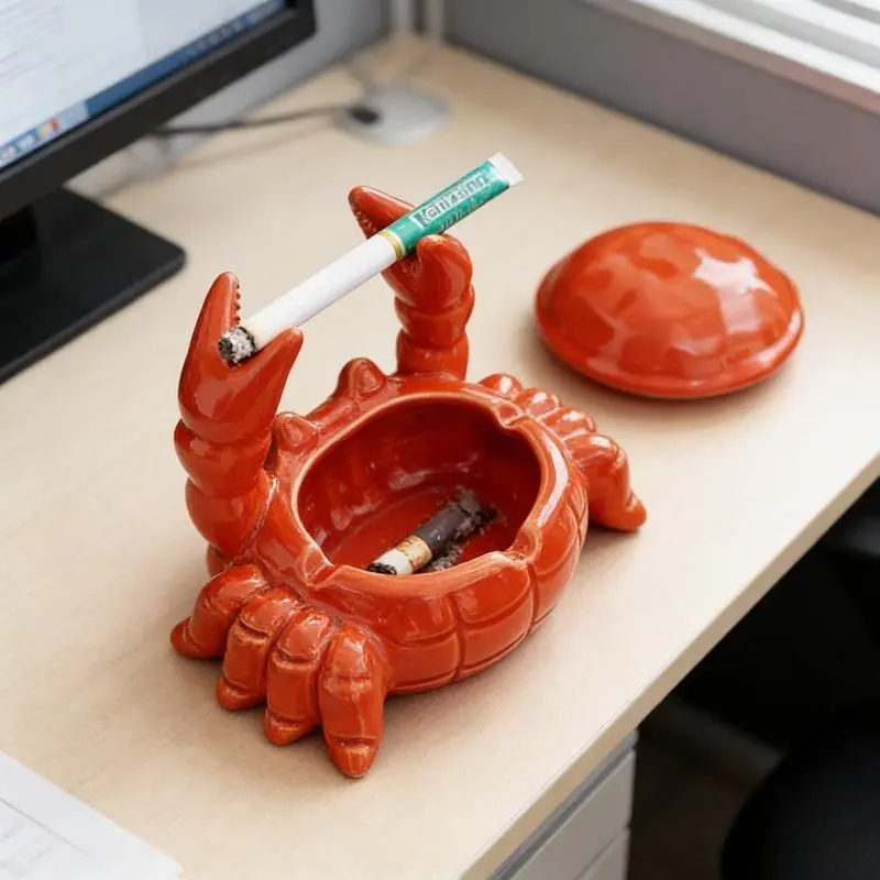 Ceramic Crab-Shape Desktop Ashtray with Cover, Mini Cute Desk Buddy Office Decor, Multi-Functional Tea Pet & Home Decor Gift for Home Supplies