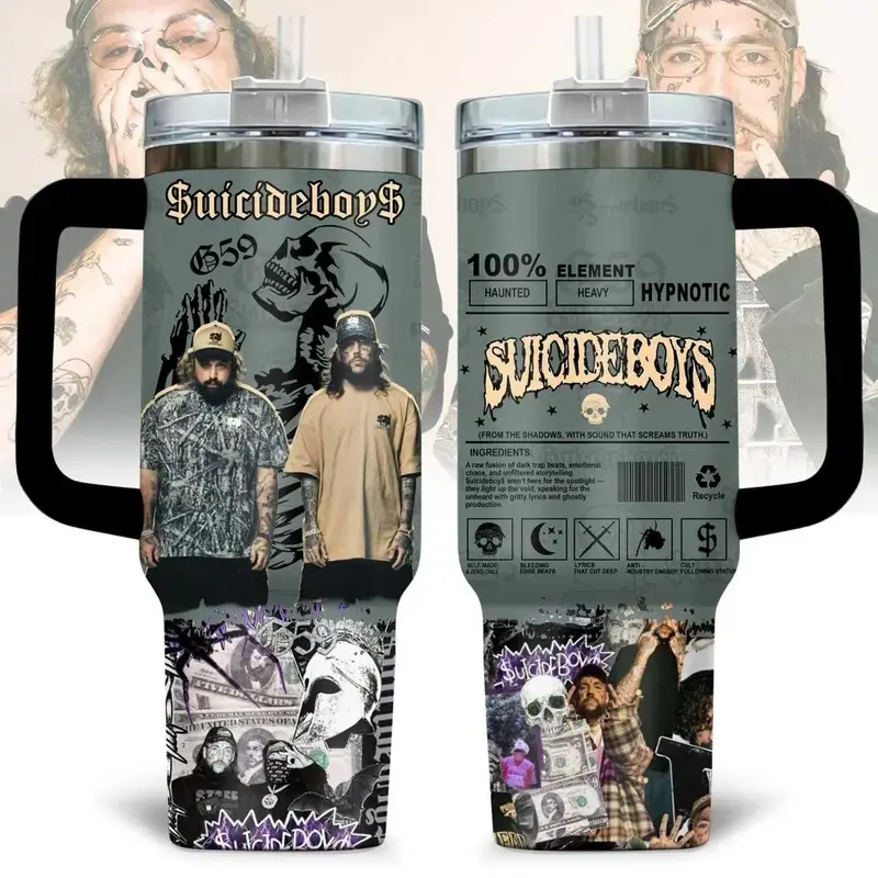 $uicideboy$ G59 Custom 40oz Tumbler with Handle, Stainless Steel Insulated Travel Coffee Mug Cup, Dark Goth Rap Grey Day Music Merch, Aesthetic Hip Hop Gift for Men Women