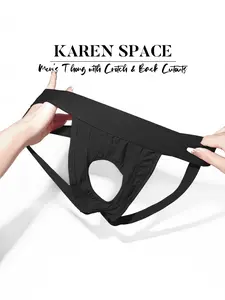 1Pc Men's Solid Color Double Strap Hip Lift Thong, Front & Back Hollow, Plain, Breathable & Comfortable, For Sports & Fitness