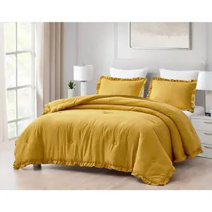 Nora Mustard Yellow Comforter Queen Size 3-Lightweight Fluffy Lightweight Ruffled Edge Trim-Washed Microfiber Comforter for