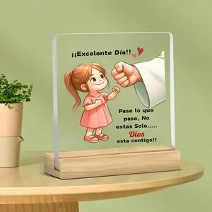 Acrylic Desktop Decorative Sign Plaque with Base, Warm Religious Illustrations, Spanish Inspirational Words, Bookshelf Desk Bedroom Decoration