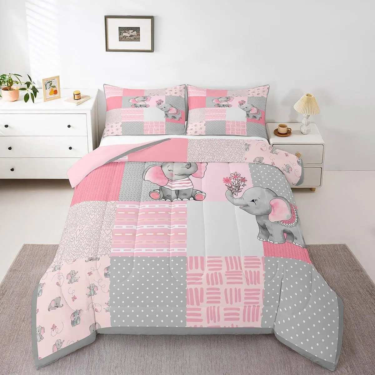 Girly Cute Elephant Comforter Set,Pink Gray Plaid Geometric Bedding Set for Kids Boys Men,Cartoon Animals Stripes Dots Quilted Duvet Set