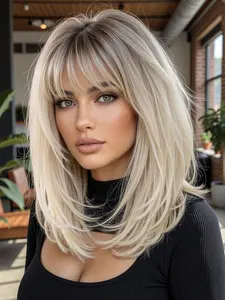14-Inch Women's Blonde Bangs Straight Short Hair Full Cap, High-Temperature Fiber Rose Net Hat, Synthetic Fiber Wigs, Ideal for Outdoors, Music Festivals, Events
