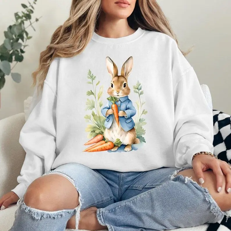 Peter Rabbit T-Shirt, Sweatshirt, Hoodie – Spring Sweatshirt, Easter Sweater, Easter Bunny Shirt, Peter Rabbit Shirt, Rabbit Lover Shirt, Kindergarten Teacher Cotton Crewneck Fabric Womenswear