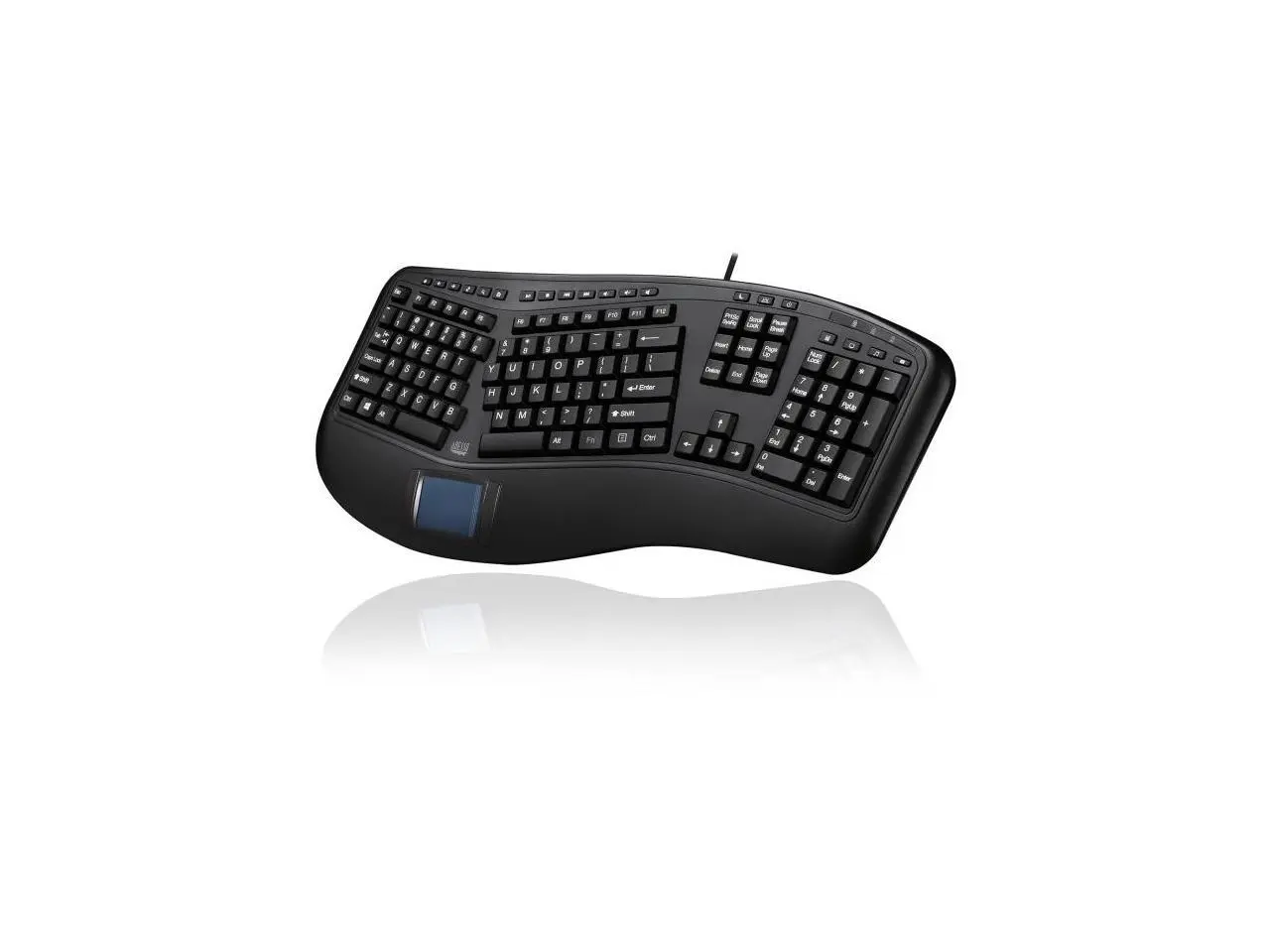 Adesso AKB-450UB Ergonomic Touchpad Keyboard Wired USB Split Key Design Built in Palm Rest 104 Keys 20 Internet Multimedia Hotkeys Quiet Membrane Switches for Windows PC Computer Black