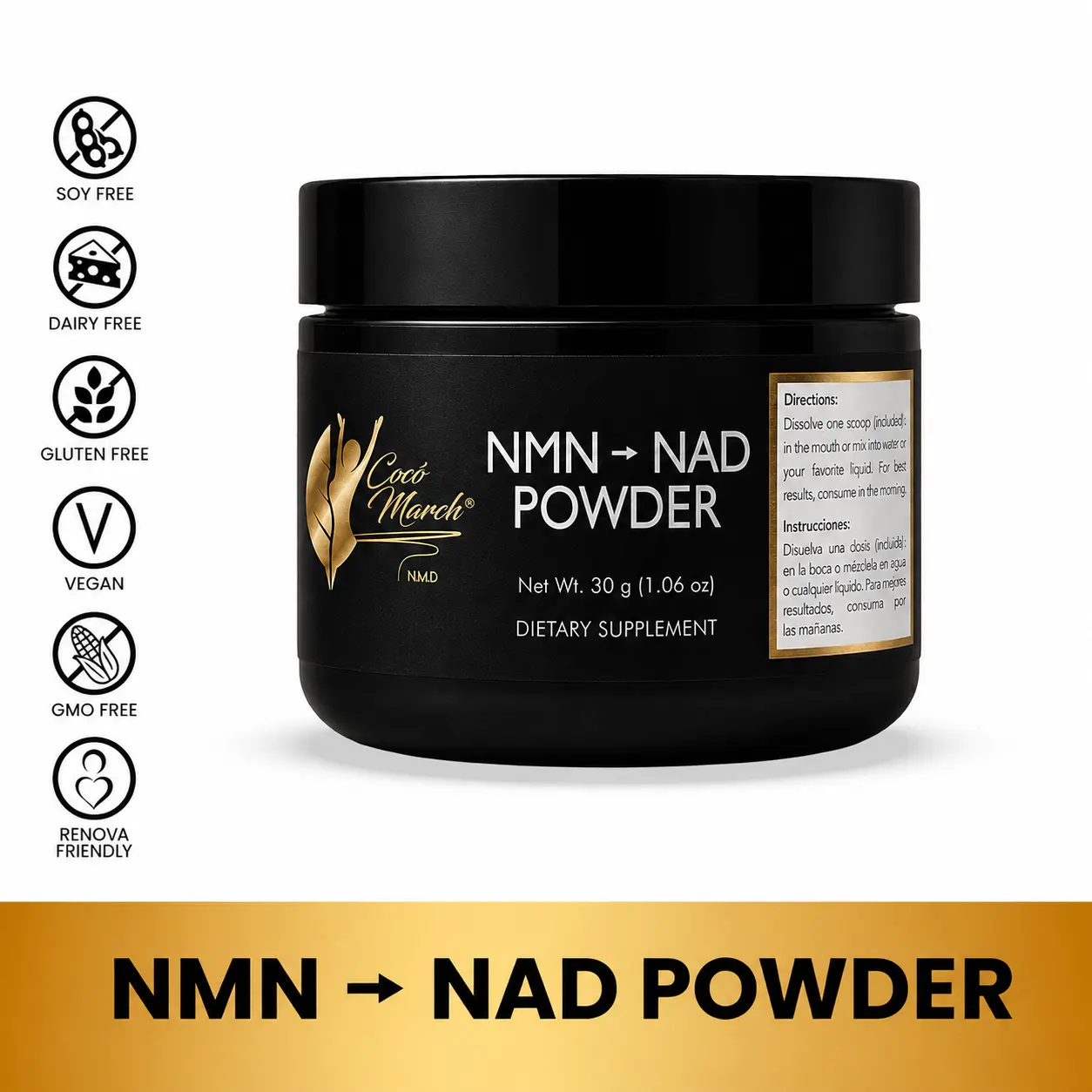 Cocó March NMN Powder – Pure Beta-Nicotinamide Mononucleotide (NMN) – Cellular Energy Support – No Fillers – No Additives – Vegan-Friendly – 60 Servings – 500 mg