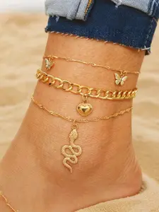 3 pcs Metal Heart & Butterfly Snake Anklet Set for Women - Adjustable Length Ankle Chains with Mystical Stacking Design, Perfect for Vacation & Daily Wear, Bohemian Foot Jewelry, Boho Anklet