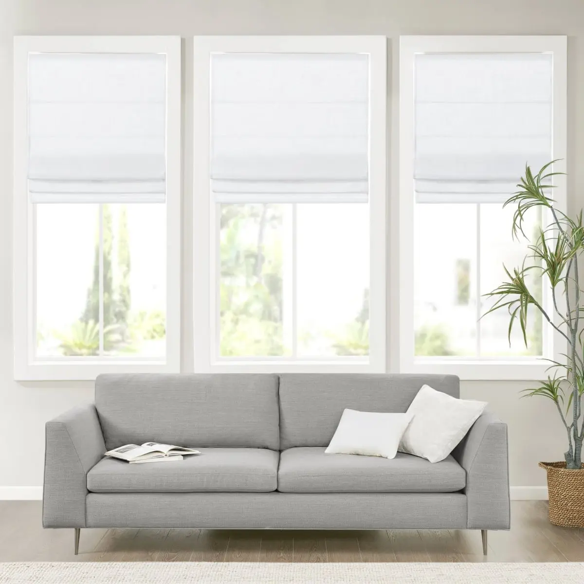 Madison Park Kyler Cordless Light Filtering Roman Shade - Linen Blend Textured Weave Fabric, Natural Look, Soft Lighting, Pull-Up Design, Lightweight, White, 31x64 in Window Hanging, Roman Blinds for Casual Living Room, Softness Feature, Machine Wash