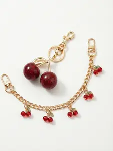 2Pcs Set Coquette Cherry Bag Charm & Chain - Stylish Playful Charm Sparkly Red Fruit Keychain for Purse - Gold Handbag Accessories Bag Decoration Gift for Women