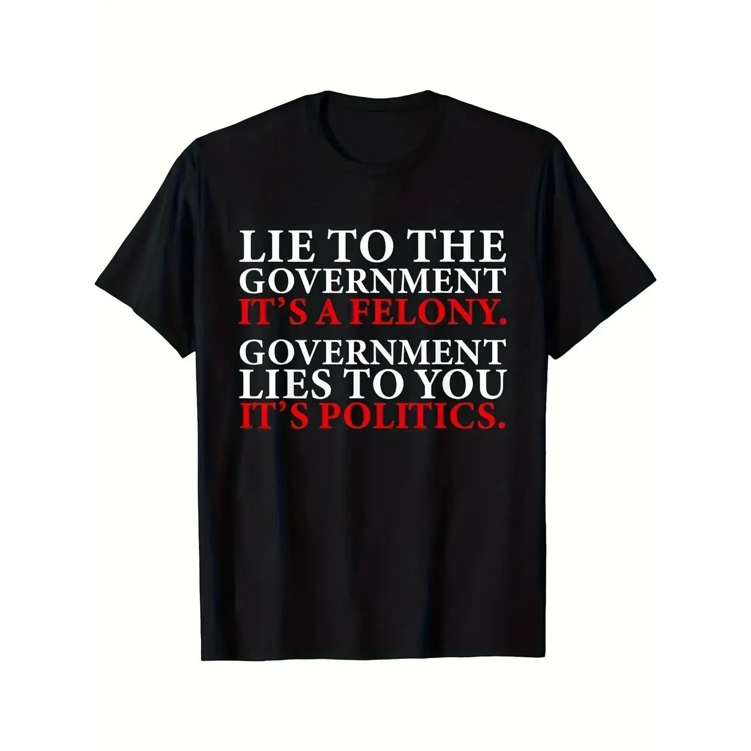 Vintage Political Slogan Cotton T-shirt with Bold "Lie to the Government" Graphic Print Crew Neck Style