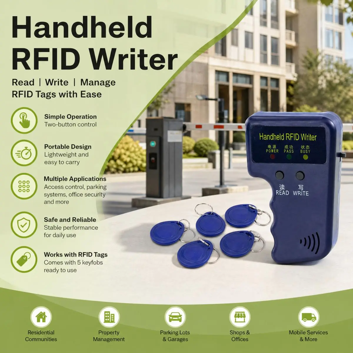 Compact Handheld RFID Copier Kit - Multi-Functional Device with ID Copying, 5 Rewritable Tags, Portable Key Fob Writer for Home, Garage Access Control Systems