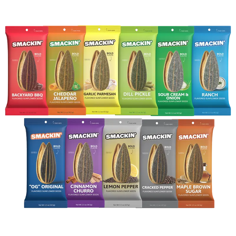 SMACKIN' Sunflower Seeds Sample Pack of 11 Single Serve (1.5 OZ) Low Sodium Snack, Bold Flavors, No Salty Burn