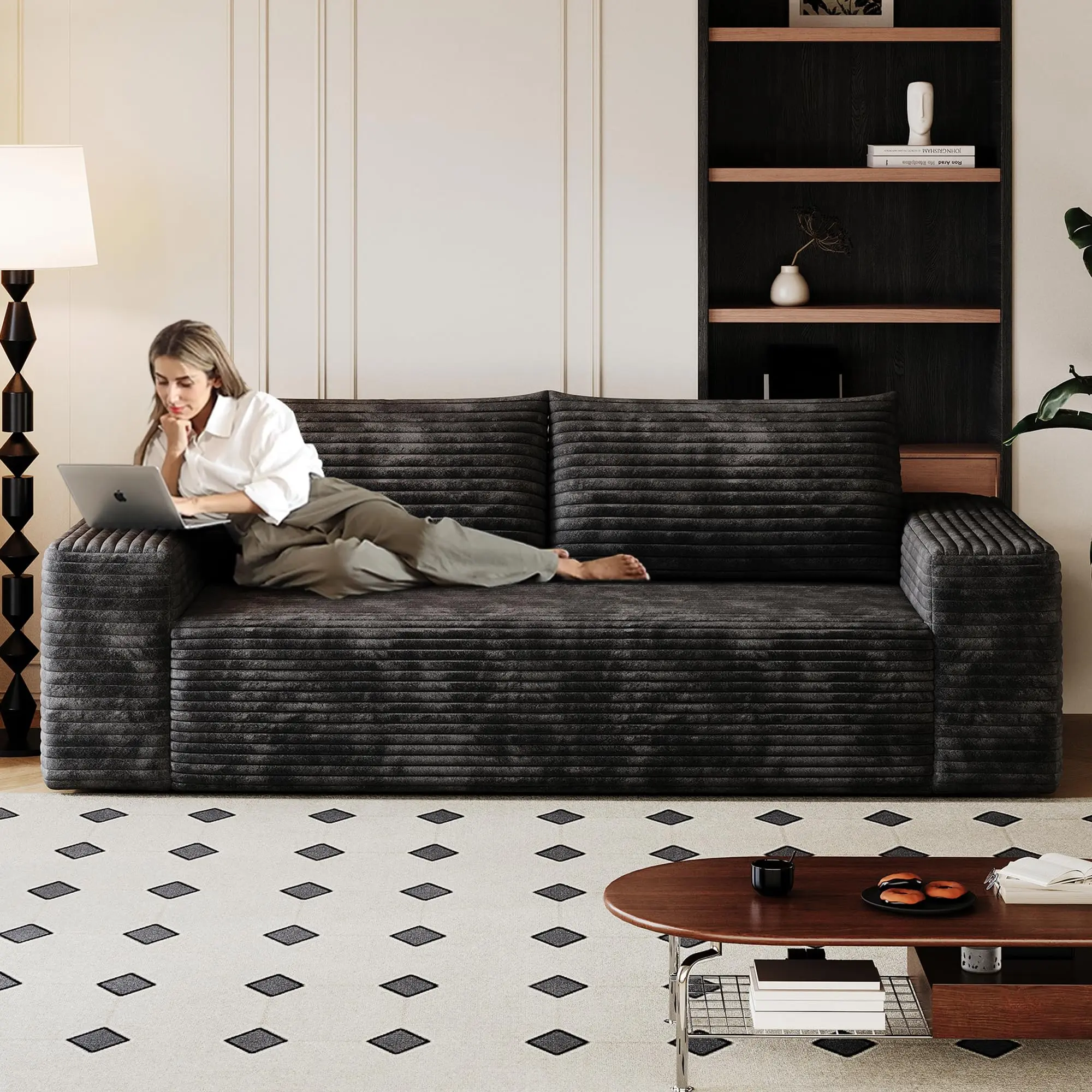 63-in Modern Corduroy Tufted Loveseat Sofa - Flat-Pack, Compact, Cushiony Dark Sofa Set with Adjustable Upholstery, 35D Foam Support, Deep Seat, No-Assembly Apartment Furniture, Couch for Living Room, Flat-Pack Sofa Sets