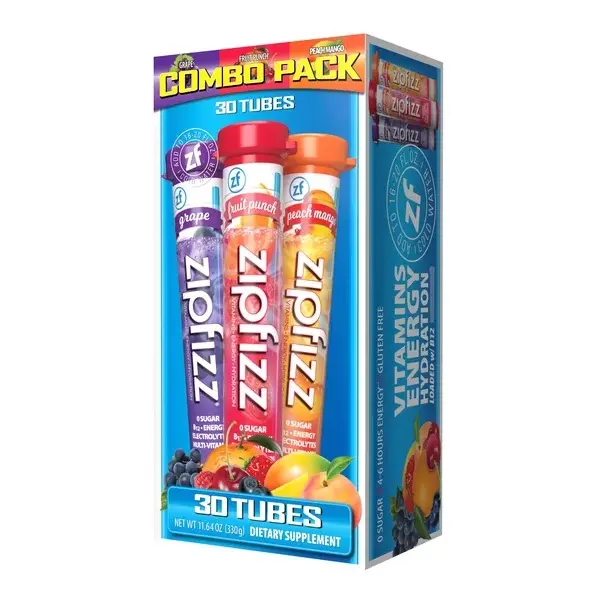 ZIPFIZZ Multi-Vitamin Energy Hydration Beverage Mix - Sugar-Free, Gluten-Free Variety Powder Pack (30 Tubes), Electrolyte-Infused Energy Supplement, 12-Month Shelf Life, Convenient Adult Bottle Companion