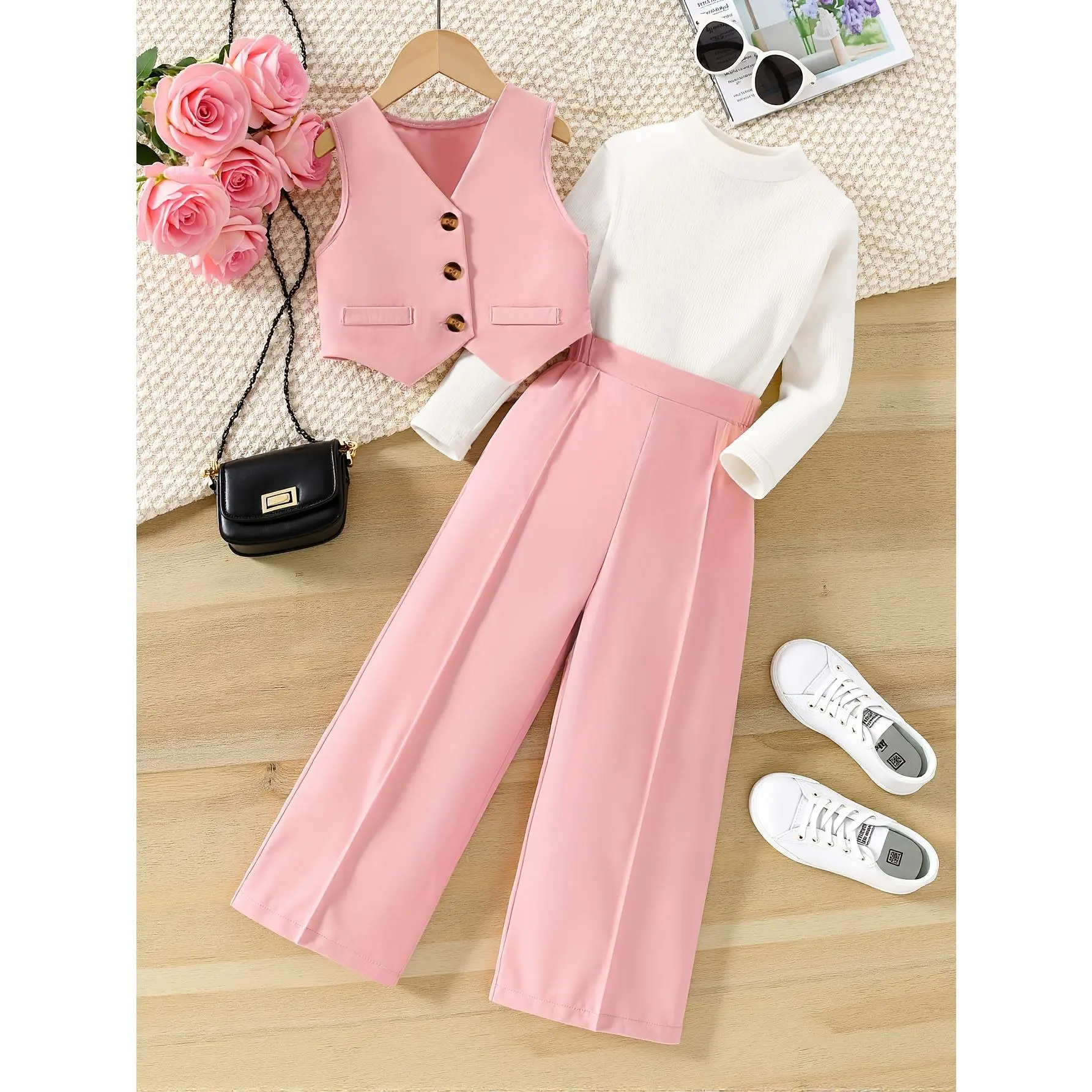 Girls' 3-Piece Fashion Wear Set - Elegant Solid Color 100% Polyester School Uniform with Vest, Full Length Tops & Regular Fit Wide Leg Pants, Fake Buttons, Three-Pieces