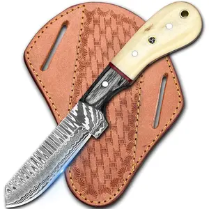 Cowboy Knives with Leather Sheath - 8" Sharp Handmade Damascus Bull Cutter Knife - EDC Fixed Blade Hunting Knife for Skinning, Camping, Bushcrafting and Outdoor Activities, white