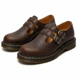 Women’s brown leather Mary Jane shoes, double-buckle brogue oxfords, vintage yellow stitching low-heel casual footwear # commute