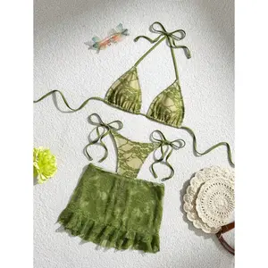 Swim 3pcs/Set Women Solid Color Lace Flounced Flirty Mini Skirt, Lace Double Triangle Cup Tanga Bikini Swimsuit