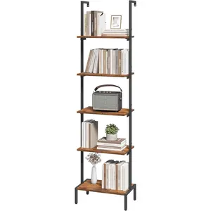 Ladder Shelf, 5-Tier Bookshelf, Ladder Bookcase with Wall Mount, Heavy Duty Industrial Style Storage Rack for Living Room, Office, Kitchen, Bedroom, Rustic Brown and Black LSHR5501
