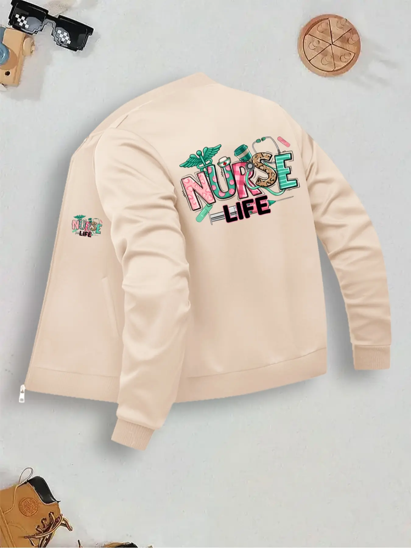 Medical Nurse Print Daily Wear Essential Womenswear Jacket, Coats, Outerwear, Zip Front Jacket, Zipper Design, Casual Fitted Long Sleeve, Letter Pattern, Pocket Detail, Fall & Winter