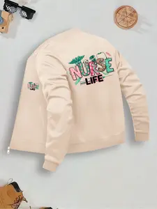 Medical Nurse Print Daily Wear Essential Womenswear Jacket, Coats, Outerwear, Zip Front Jacket, Zipper Design, Casual Fitted Long Sleeve, Letter Pattern, Pocket Detail, Fall & Winter