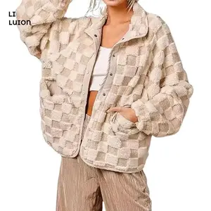 Women’s Winter Warm Casual Plaid Fleece Jacket Fuzzy Oversized Sherpa Jacket Shacket Faux Fur Coat