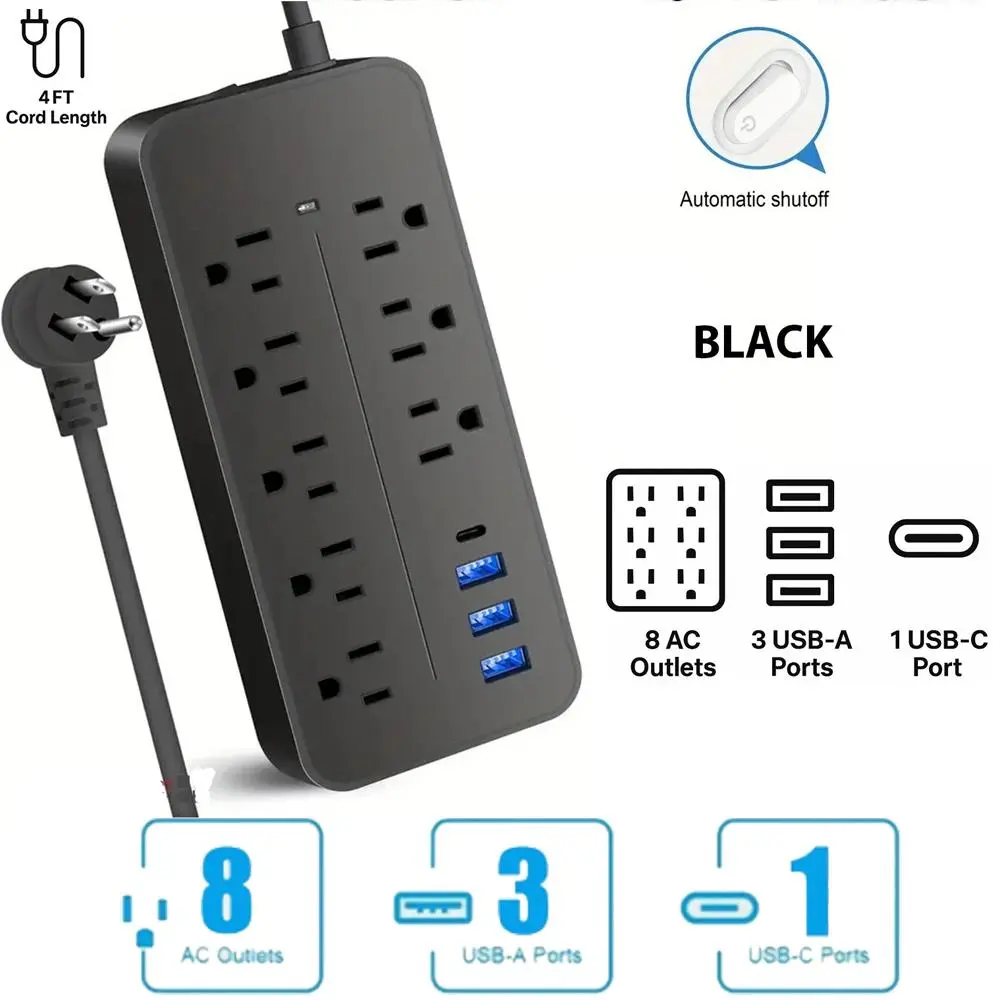 ETL Listed Multi-Port Charging Power Strip, 8 US Outlets + Type-C USB Fast Charger, 1700J Surge Guard Fireproof Housing, 4FT Durable Cord for Home Bedroom Office Gaming Setup