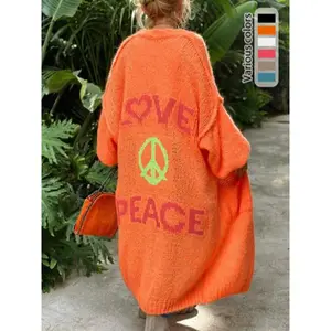 Women's Letter Print Drop Shoulder Long Sleeve Cardigan, Casual Open Front Longline Cardigan for Spring & Fall, Summer Outfits 2024, Fashion Cozy Clothing