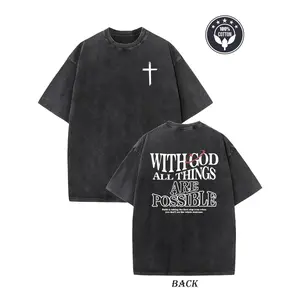 Christian "With God All Things Possible" Graphic Tee | 230gsm Heavyweight Cotton Vintage Washed T-Shirt, Y2K Retro Cross Printed Unisex Loose Fit Streetwear Top, Casual Short Sleeve Ribbed Neck Shirt